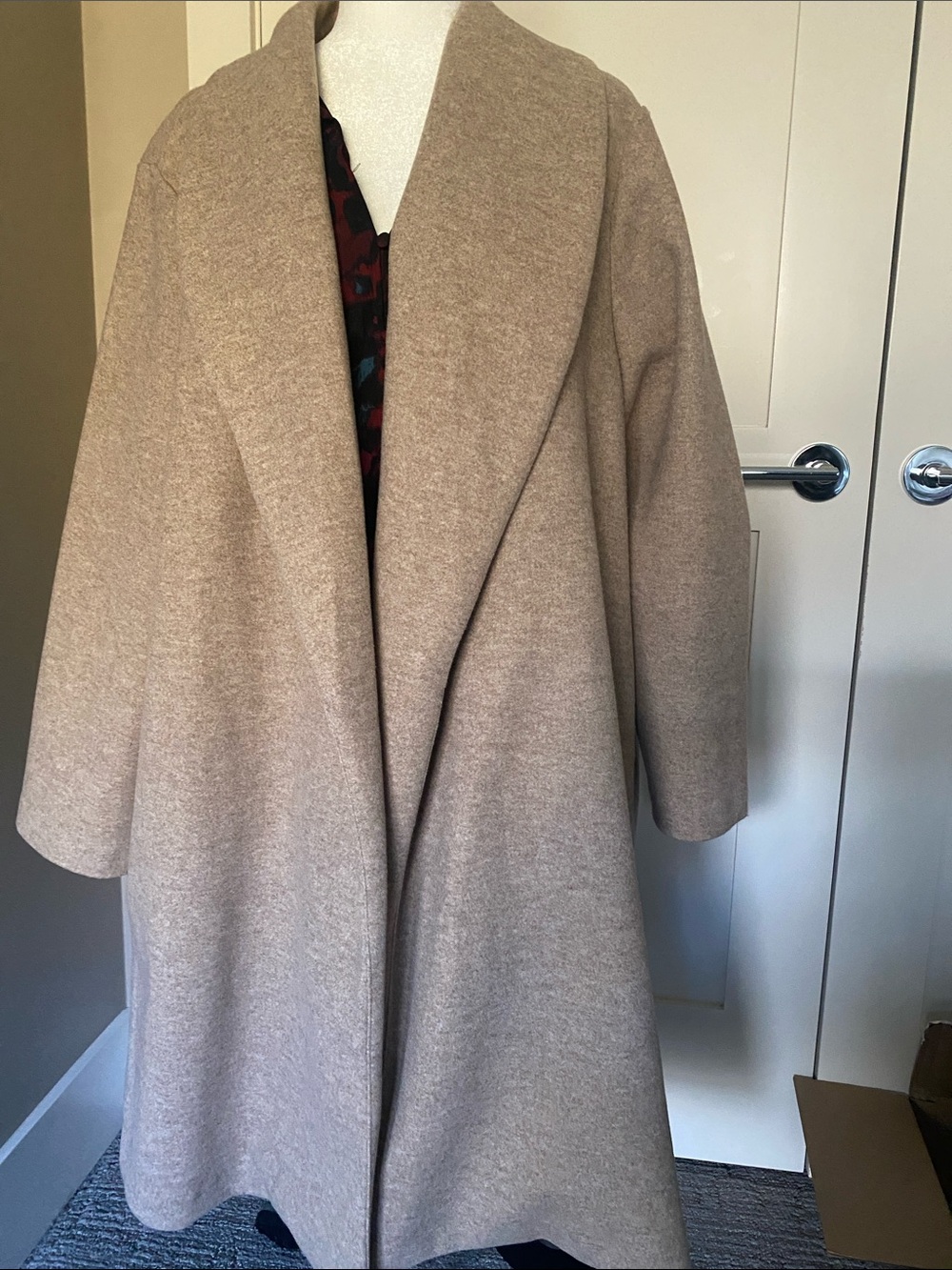 Womens Taupe Open-Front Wool Blend Coat